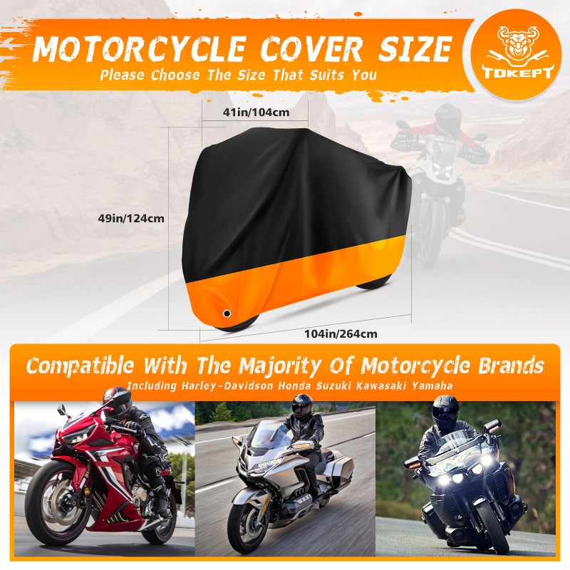 Tokept Motorcycle Cover All Season Universal Waterproof Sunscreen Outdoor Protection with Lock-Holes & Storage Bag Fits up to 104"" Motorcycles Vehicle Cover (XXL Black&Orange) - Image 2